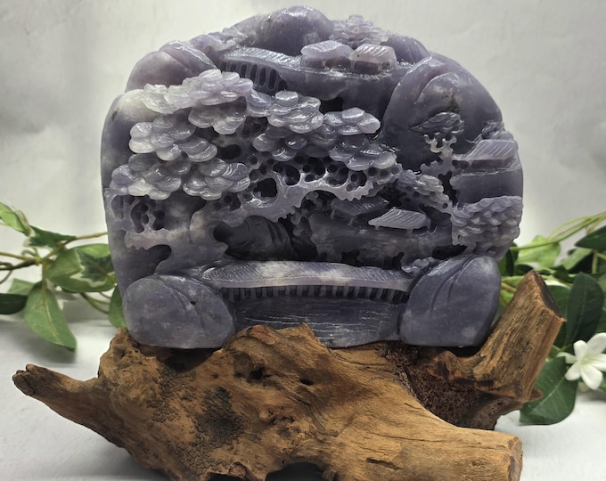 Hand Carved Lepidolite Landscape Sculpture, Purple Gemstone Mountain Scene on Wood Root Stand