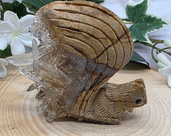 Hand-Carved Squirrel with Natural Quartz Cluster Tail • Unique Crystal Animal Carving • Woodland Decor • Quartz Point Cluster Sculpture