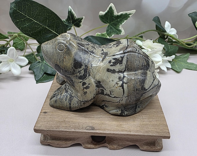 Hand Carved Picture Jasper Frog Figurine with Wood Display Stand