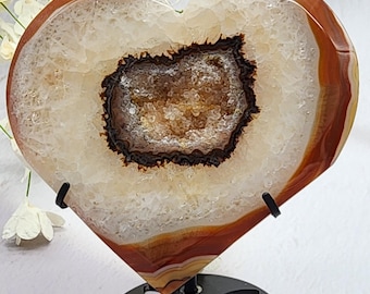 Druzy Carnelian Hand-Carved Heart with Metal Stand