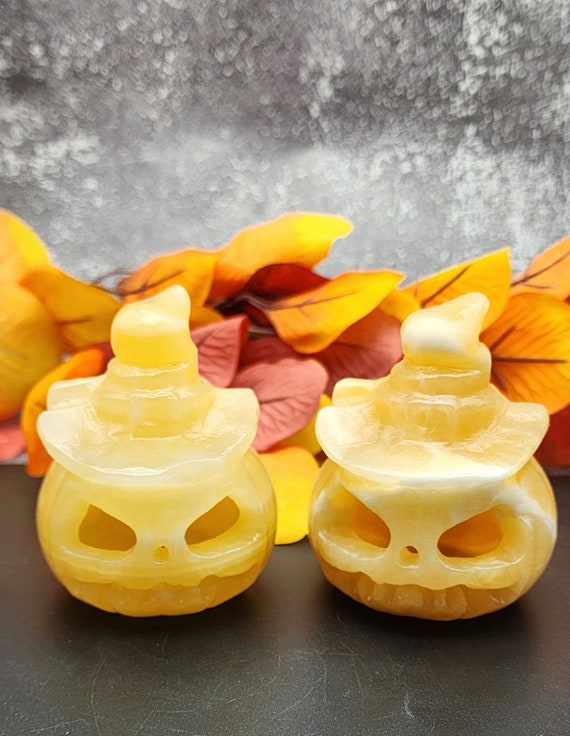 Halloween Decor Gemstone Set Enchanting Calcite Halloween Set of 2 Figures: Calcite Jack-O'-Lantern, Fall Decor, Halloween Decoration.