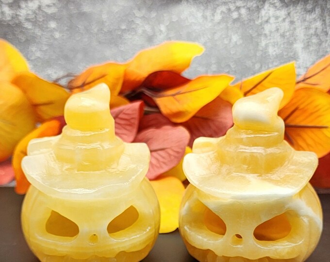 Calcite Jack-O'-Lantern Set: Halloween Gemstone Decor