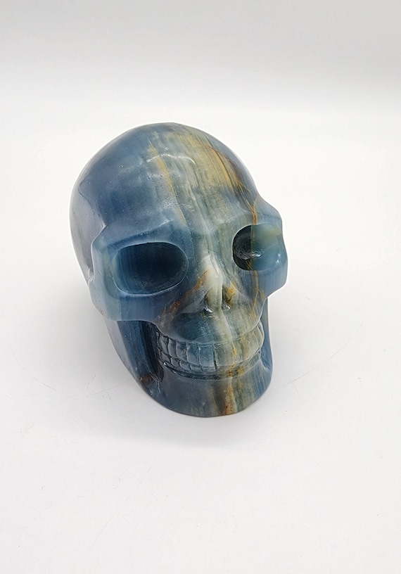Blue Onyx Skull, Hand Carved Skull, Onyx Skull, Blue Banding Onyx, Crystal Energy Healing, Wisdom And Protection Stone Gift