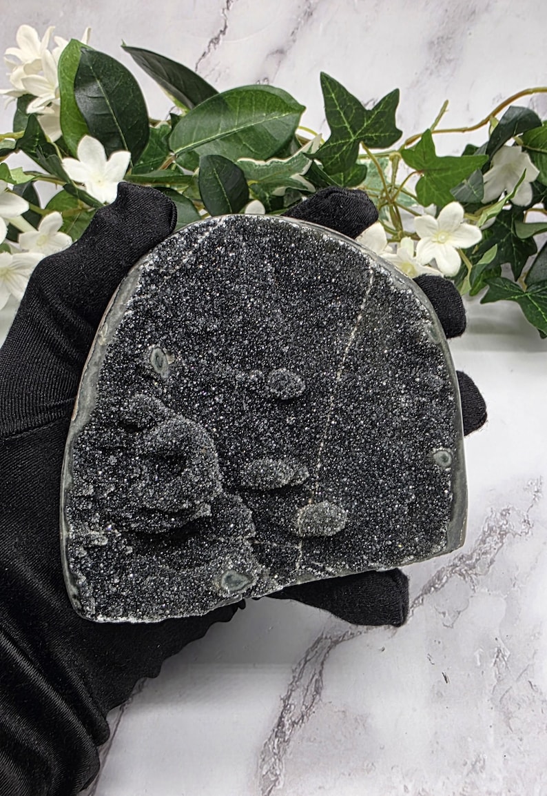 May include: A dark gray crystal geode with a sparkling, textured surface. The geode is held by a gloved hand, with white flowers and green leaves in the background. The crystal has a rounded shape.