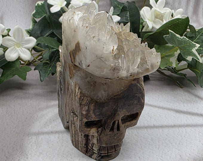Natural Clear Quartz Cluster Skull Carving, Crystal Crown Decor, Iron Stained Quartz Gothic Accent