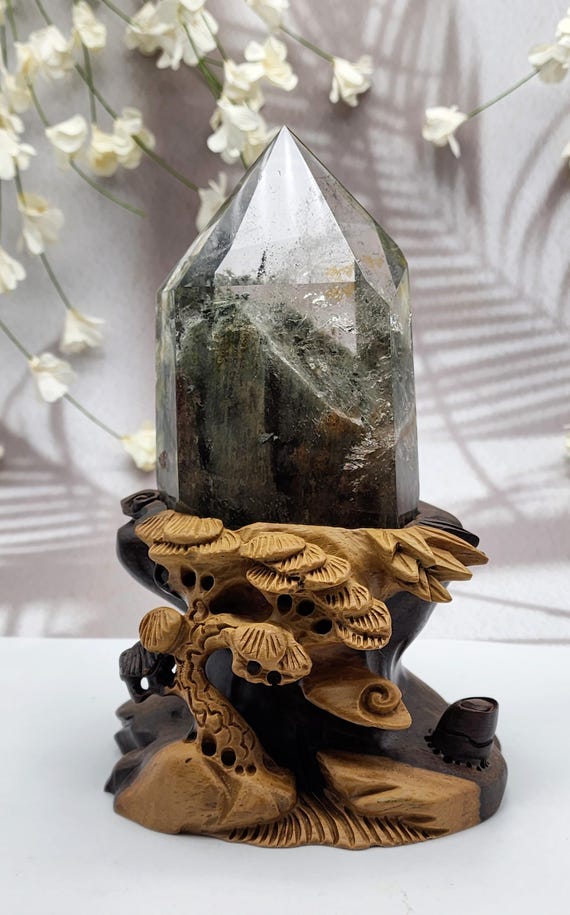 Luxury, Exquisite Garden Quartz with Green Mountain, and Complimentary Custom Handcrafted Wood Stand, Nature's Art, Unique One Of Kind Gift