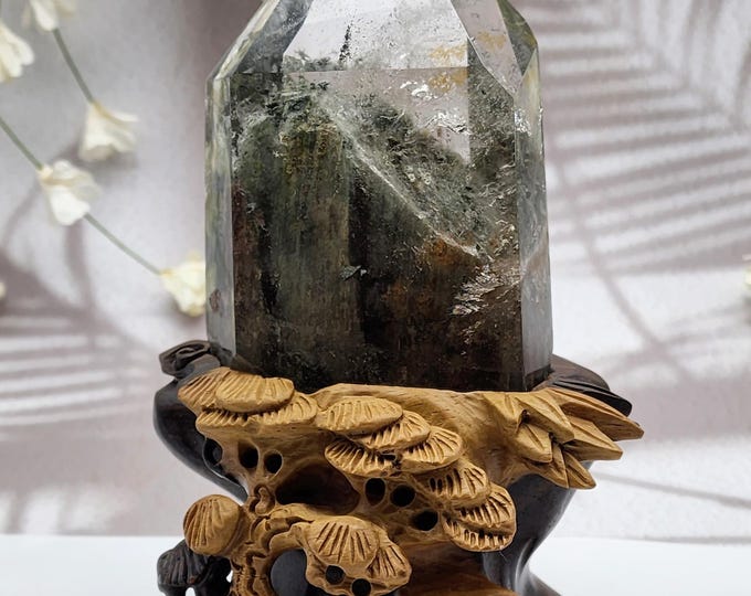 Garden Quartz Point with Sandalwood Stand: Green Mountain Lodolite