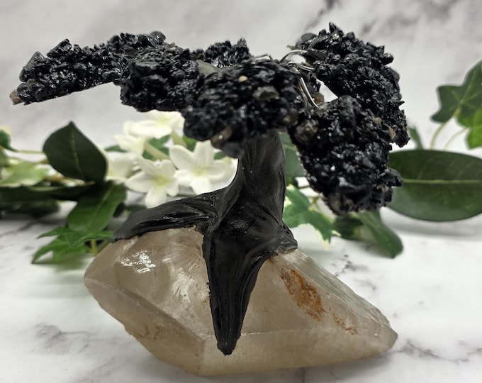 Quartz Freeform Tree Sculpture with Black Tourmaline Leaves • Handcrafted Crystal Art • Bonsai Style Gemstone Tree • Protection & Clarity