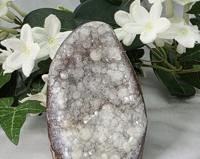 Uruguay White Druzy Quartz Agate Geode, Cut Base Crystal Display, Natural White Quartz Specimen, Small Crystal Decor, One of a Kind