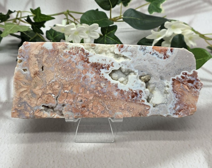 Bubble Gum Agate Druzy Slab | Pink Agate Crystal Display | Natural Polished Agate with Quartz Druzy | Healing Stone Home Décor