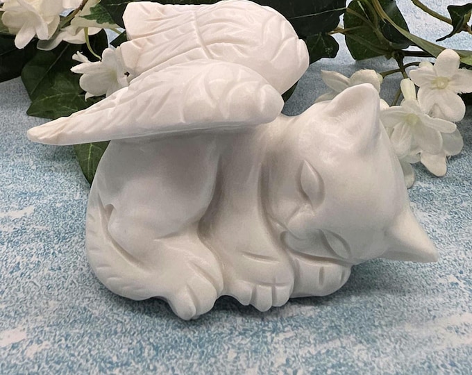 White Jade Angel Cat Memorial, Winged Cat Figurine, Pet Loss Gift, Cat Sympathy Gift, Rainbow Bridge Memorial, Crystal Cat Statue