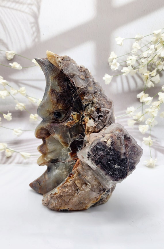 Raw Flourite Specimen Xtra Large, With Crescent Moon Face Carved On Half, Over 9 Pounds Raw Flourite, Unique Collectors Find, One Of A Kind
