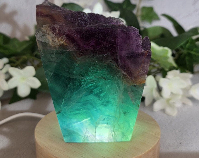 Polished Fluorite Cupcake Display, Teal Purple Crystal Freeform with USB Light Base