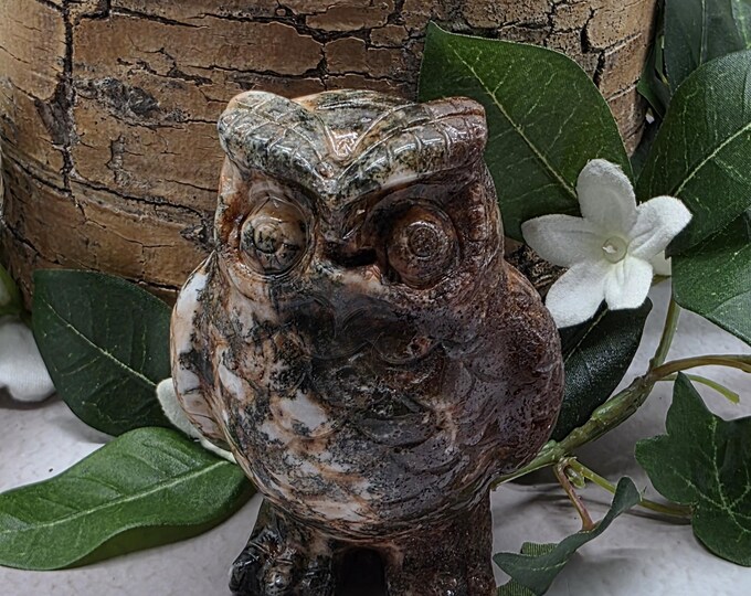Red Moss Agate Owl Hand-Carved Crystal Owl Figurine  Red Moss Agate Stone Sculpture Wisdom & Protection Crystal | Unique Gift for Collectors