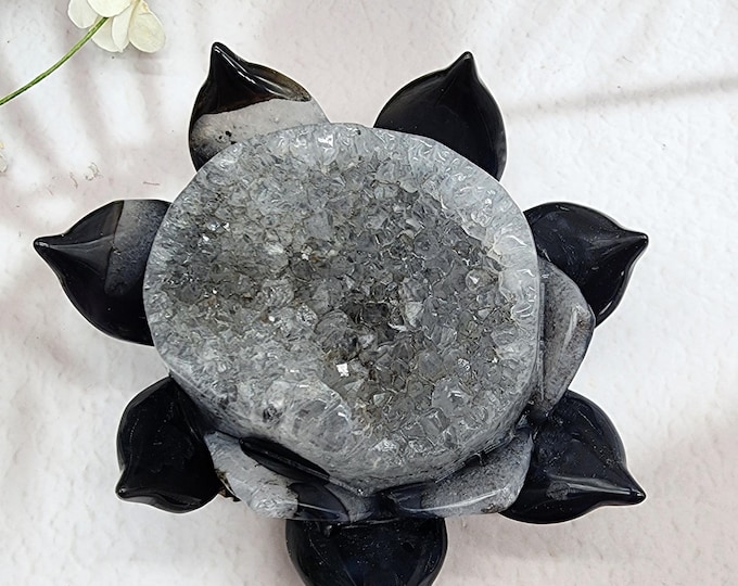 Black Druzy Agate Hand Carved Lotus, Crystal Lotus Flower Carving, Spiritual Decor, Meditation Stone, Crystal Gift, Enlightenment Symbol
