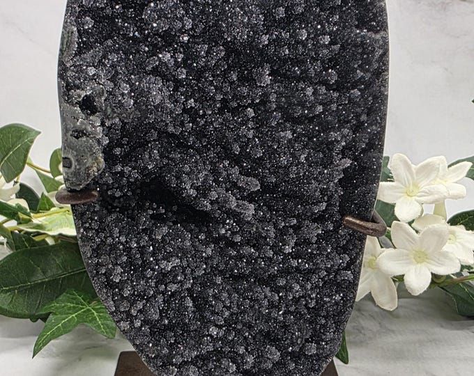 Starry Night Black Amethyst on Stand 8" Dark Druzy Crystal Basalt Matrix Natural Black Amethyst Display Collector Specimen