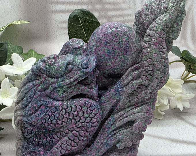 UV Reactive Ruby Kyanite Dragon Carving, Hand Carved Crystal Display Stone
