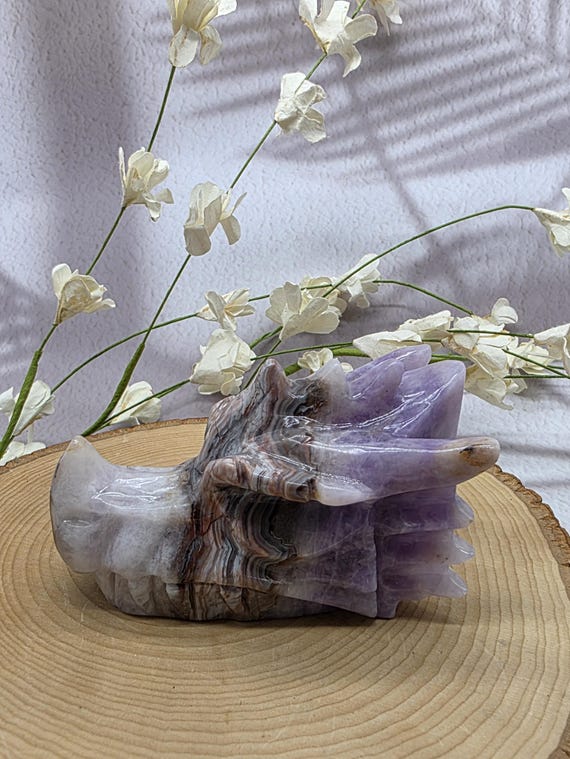 Hand Carved Amethyst Agate Dragon Skull: Fantasy Crystal Decor