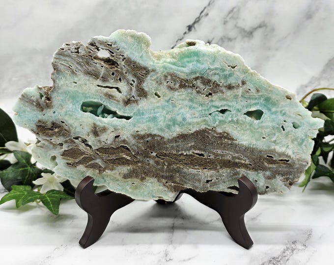 Large Hemimorphite Slab on Stand | Rare Blue Botryoidal Crystal | Natural Mineral Display | One of a Kind Specimen