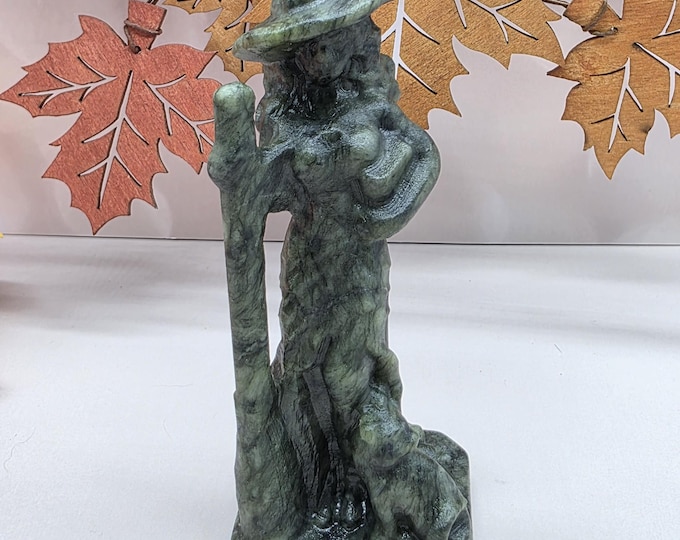 Hand Carved Xiuyan Jade Witch with Cat: Gothic Halloween Figurine