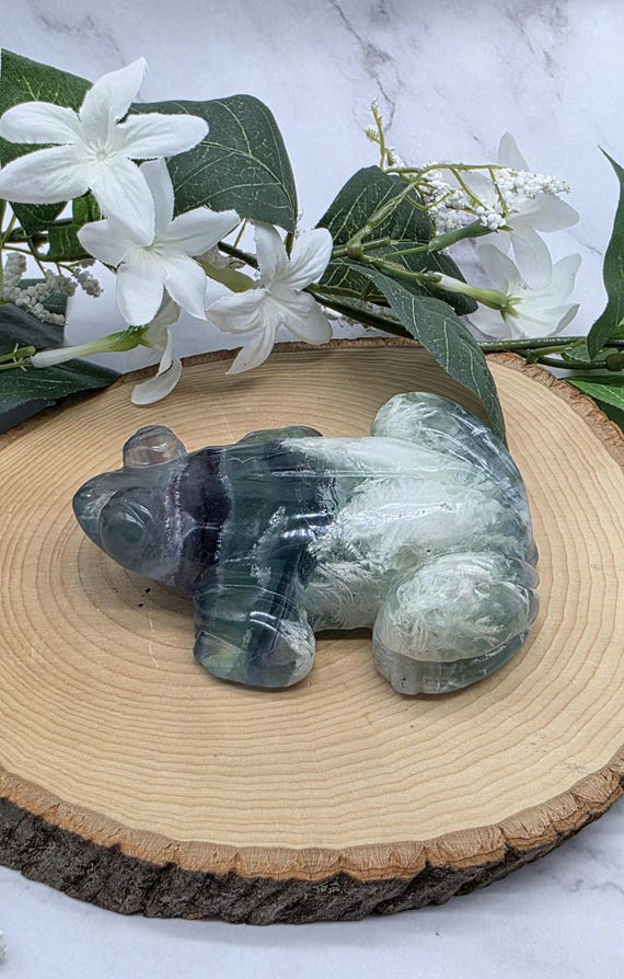 Feather Fluorite Frog Carving – Hand Carved Crystal Animal – Natural Fluorite Frog Figurine – Metaphysical Décor – Healing Stone Gift