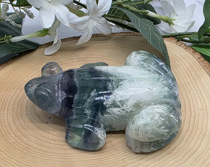 Feather Fluorite Frog Carving: Hand Carved Crystal Figurine