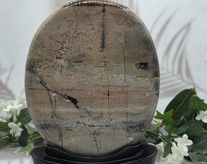 Large Picture Jasper Oval Display Plaque, Scenic Landscape Stone Art, Wood Stand