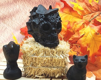 Black Obsidian Trio: Butterfly Skull, Raven, Black Cat - Gothic Decor