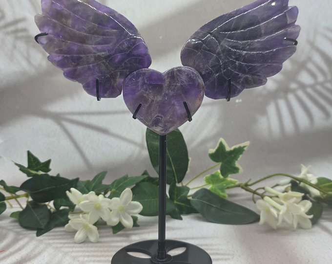 Hand-Carved Amethyst Heart with Angel Wings, Celestial Crystal Decor (9" Height)