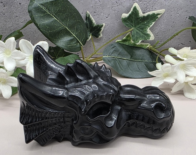 Hand Carved Black Obsidian Dragon Head | Gothic Fantasy Stone Sculpture
