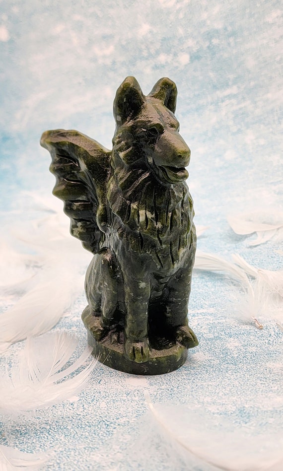 Xiuyan Jade Dog Memorial Statue, Pet Loss Gift, Angel Dog Carving, Healing Jade Gemstone Keepsake, Thoughtful Grieving Gift, Pet Angel.