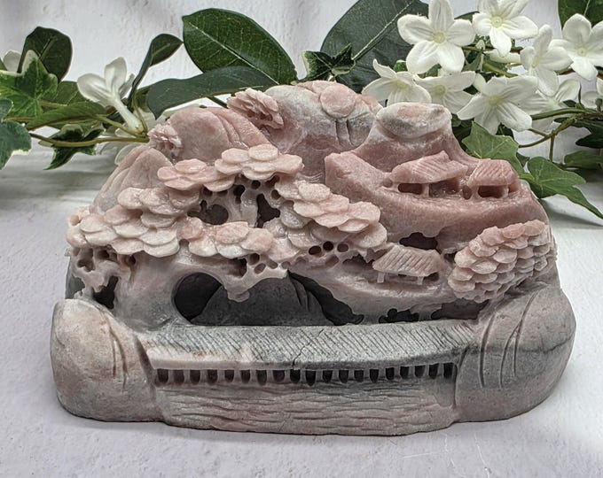 Pink Opal Landscape Carving with Natural Wood Root Display Stand