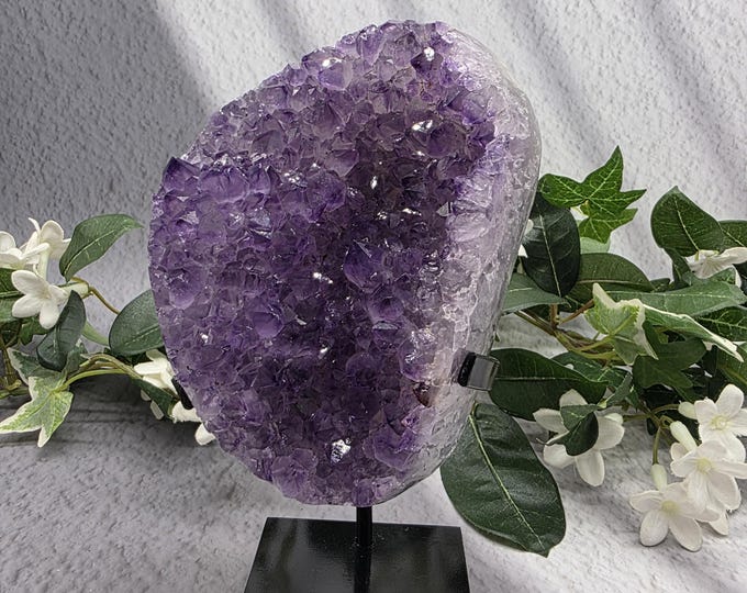 Uruguay Amethyst Geode Crystal Display, Purple Druzy Cluster Decor with Stand