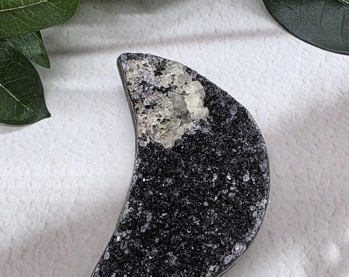 Black Amethyst And Calcite Crescent Moon  Natural Agate Druzy Carving from Uruguay • Crystal Home Décor • Healing Moon