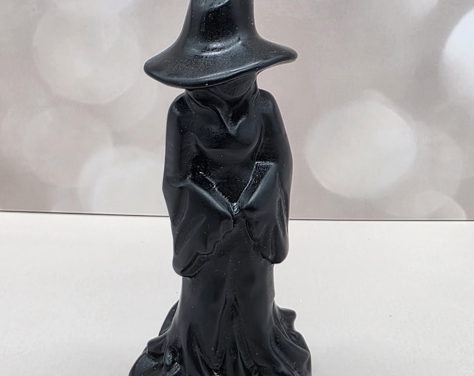 Black Obsidian Witch Carving, Gothic Halloween Crystal Decor, Spooky Witchy Statue