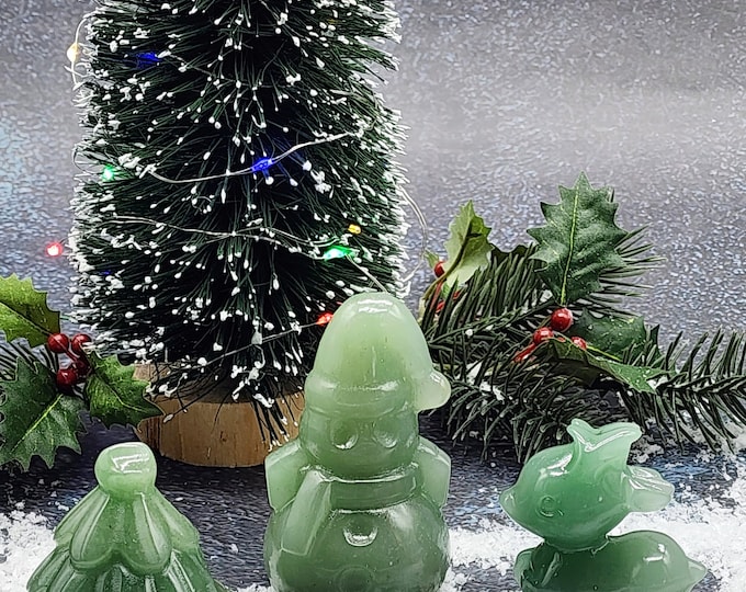 Hand Carved Green Aventurine Christmas Decor Set: Tree, Snowman, Reindeer
