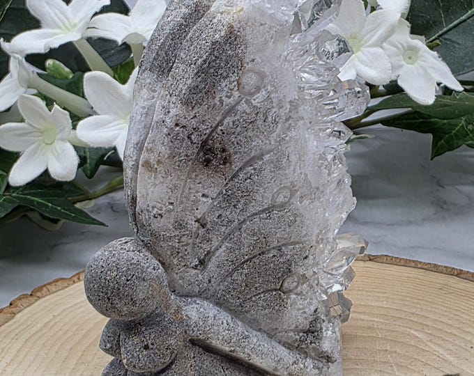 Hand-Carved Quartz Cluster Fairy • Natural Crystal Fairy Sculpture • Raw Quartz Points & Fairy Wings • Fantasy Décor • Unique Artisan Carvin