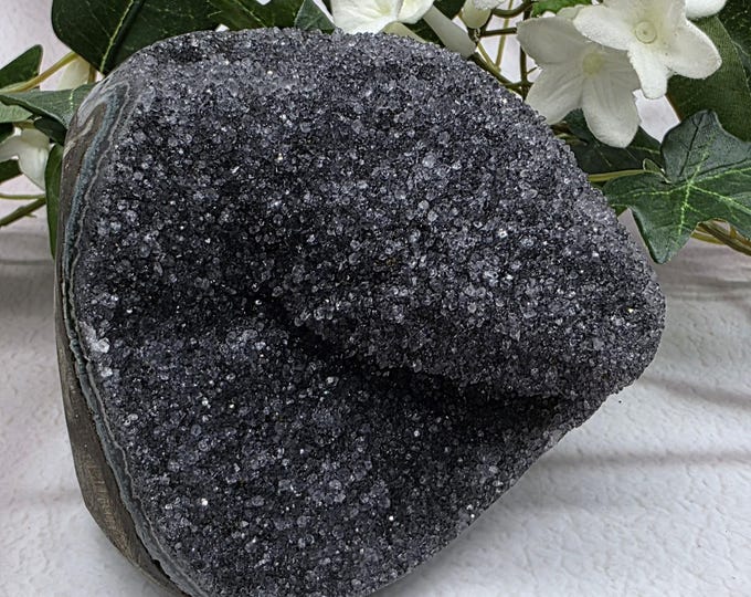 Black Druzy Amethyst, Uruguay Natural Amethyst Cut Base, Cupcake, Crystal Cluster Healing Crystals & Home Décor