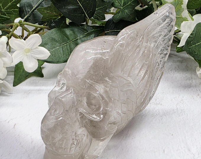 Clear Quartz One-Wing Skull Carving – Angel Wing Crystal Skull