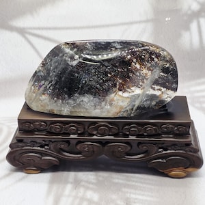 Large Garden Quartz Freeform on Sandalwood Stand, Lodolite Scenic Quartz, Landscape Crystal, Collector Statement Piece