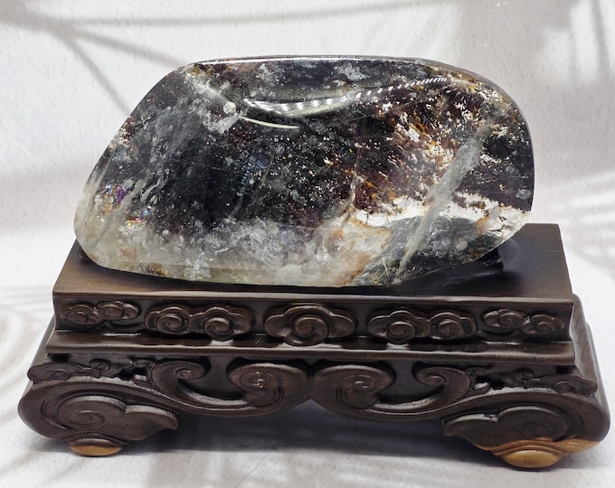 Large Garden Quartz Freeform on Carved Sandalwood Stand, Landscape Crystal (5 lbs)