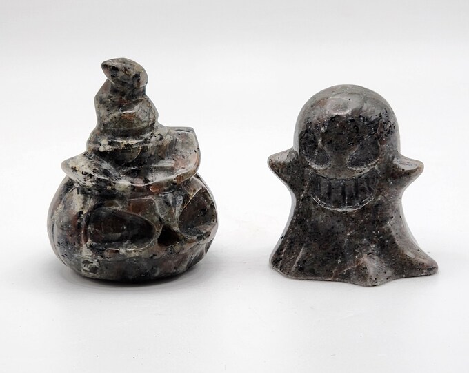 Hand Carved Yooperlite Pumpkin & Ghost Set: UV Reactive Halloween Decor