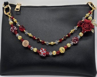 Handmade Red Rose Beaded Bag Chain Phone Chain Wristlet | Multi-Use Charm Strap