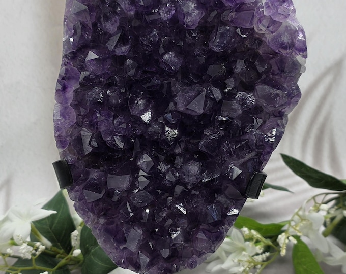 Uruguay Amethyst on Black Metal Stand, Large Amethyst Display, Natural Purple Crystal Specimen, Statement Crystal Décor, Collector Gift