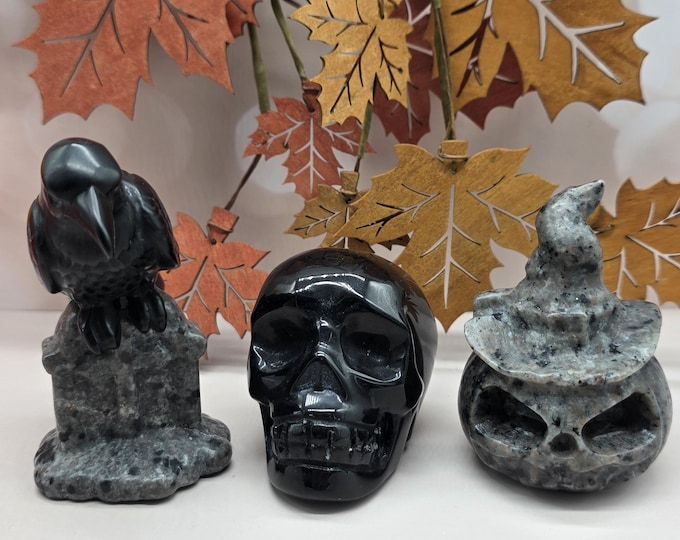 Yooperlite Black Obsidian Halloween Set: Raven, Skull, Witch Pumpkin (UV Reactive)