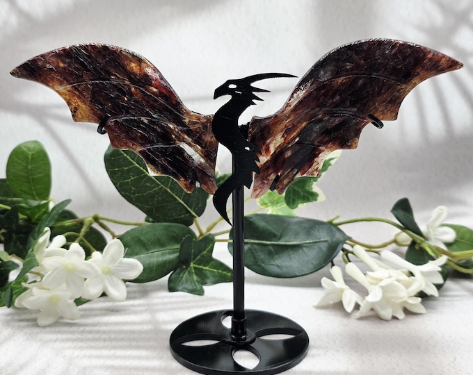 Fire Quartz Dragon Wings on Black Metal Stand, Fantasy Gemstone Carving (5 3/4" H)
