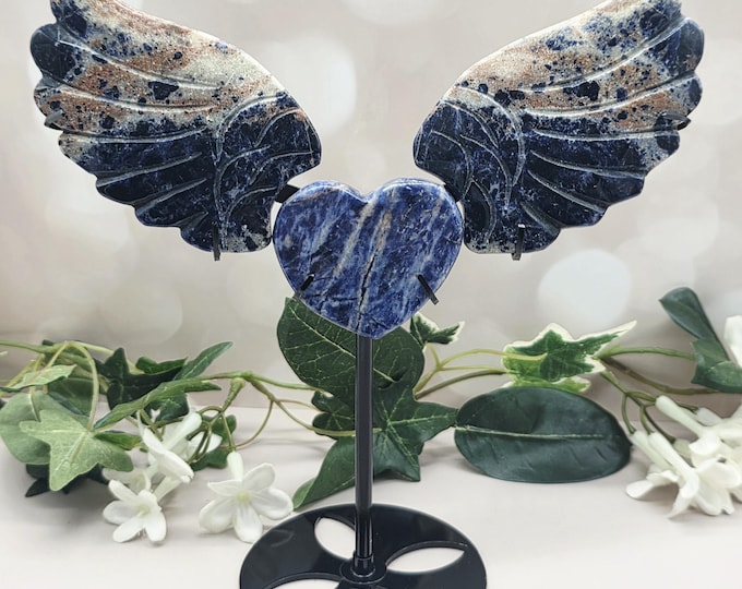 Sodalite Winged Heart Display, Carved Gemstone Angel Wings, Adjustable Crystal Stand