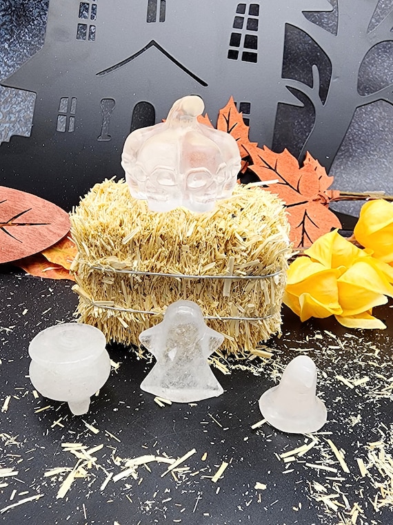 Clear Quartz Halloween Decor Set, 1 Skull Pumpkin, 1 Ghost, 1 Witch Hat, 1 Cauldron, Crystal Halloween Decor,  Home Decor, Halloween