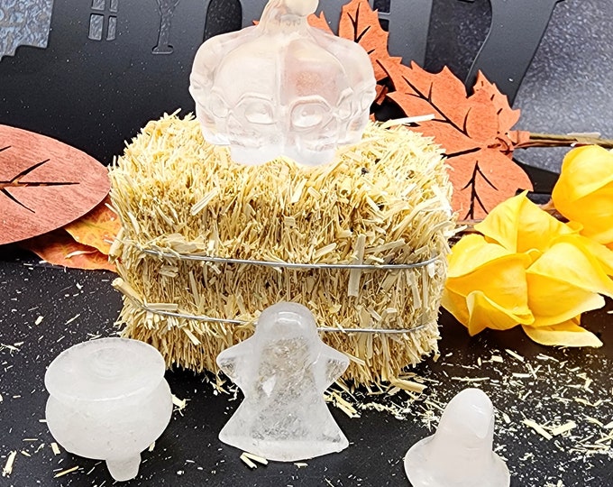 Clear Quartz Halloween Decor Set: Skull Pumpkin, Ghost, Witch Hat, Cauldron