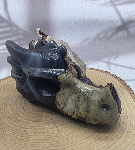 Volcano Agate Dragon Skull, UV Reactive Hand Carved Crystal Dragon Head, Metaphysical Protection, Fantasy Decor, Unique Gift